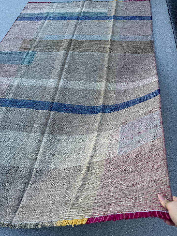 5x8 (152x243) Handmade Afghan Kilim Rug | Beige Tan Sand Brown Denim Royal Teal Powder Blue Pink Fuchsia Yellow Cream Taupe | Wool Flatweave