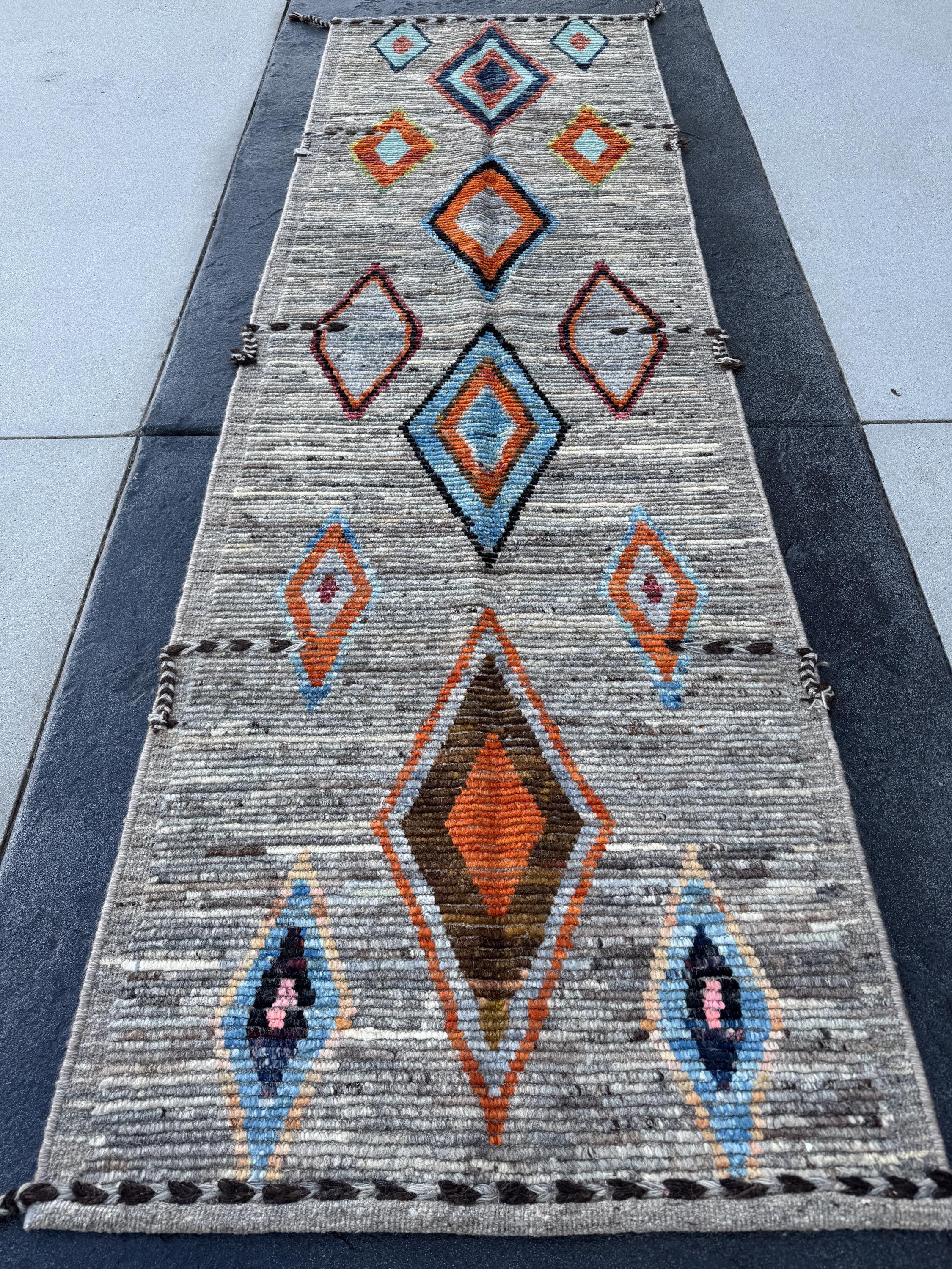 3x9 (91x274) Handmade Afghan Moroccan Runner Rug | Grey Gray Cream Orange Baby Navy Powder Blue Black Brown | Wool Geometric