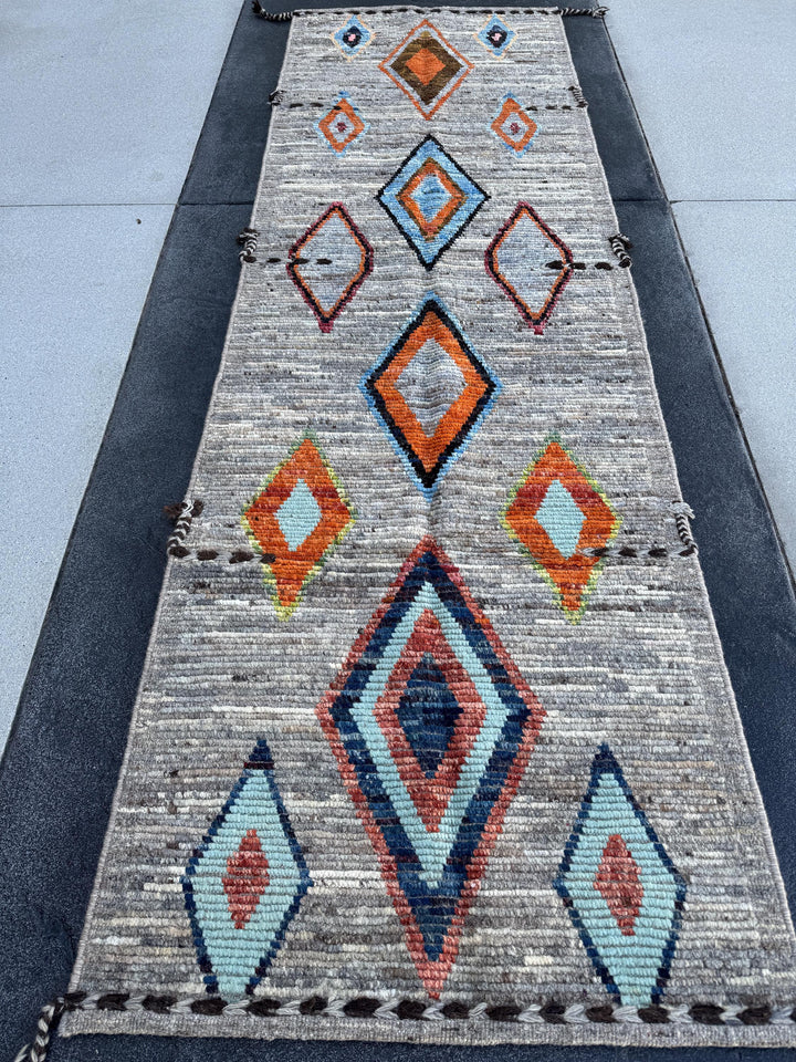 3x9 (91x274) Handmade Afghan Moroccan Runner Rug | Grey Gray Cream Orange Baby Navy Powder Blue Black Brown | Wool Geometric