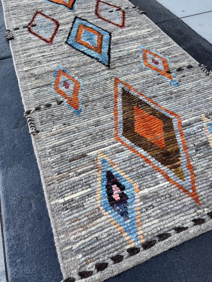 3x9 (91x274) Handmade Afghan Moroccan Runner Rug | Grey Gray Cream Orange Baby Navy Powder Blue Black Brown | Wool Geometric