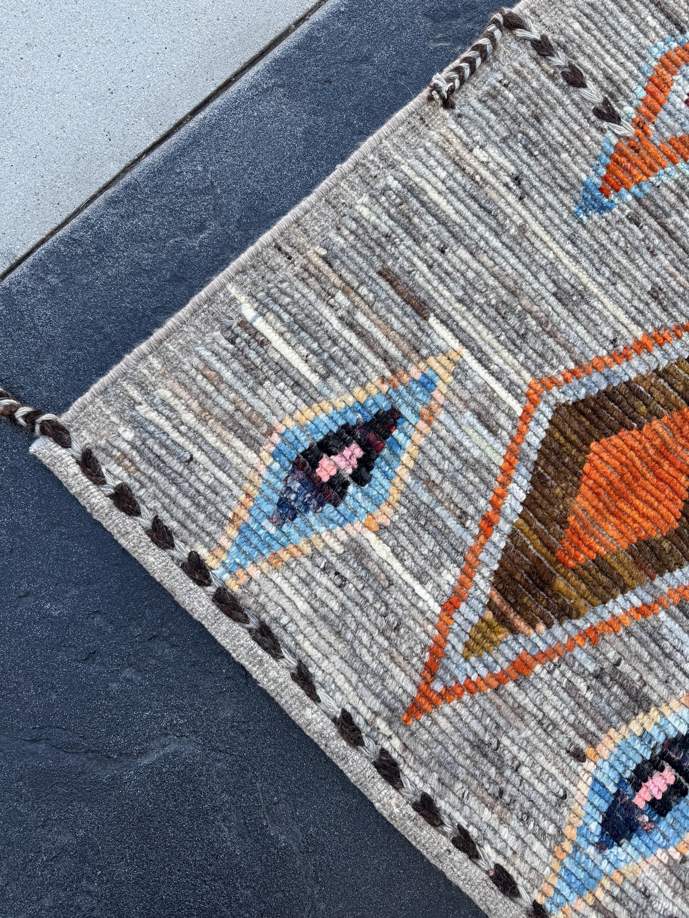 3x9 (91x274) Handmade Afghan Moroccan Runner Rug | Grey Gray Cream Orange Baby Navy Powder Blue Black Brown | Wool Geometric