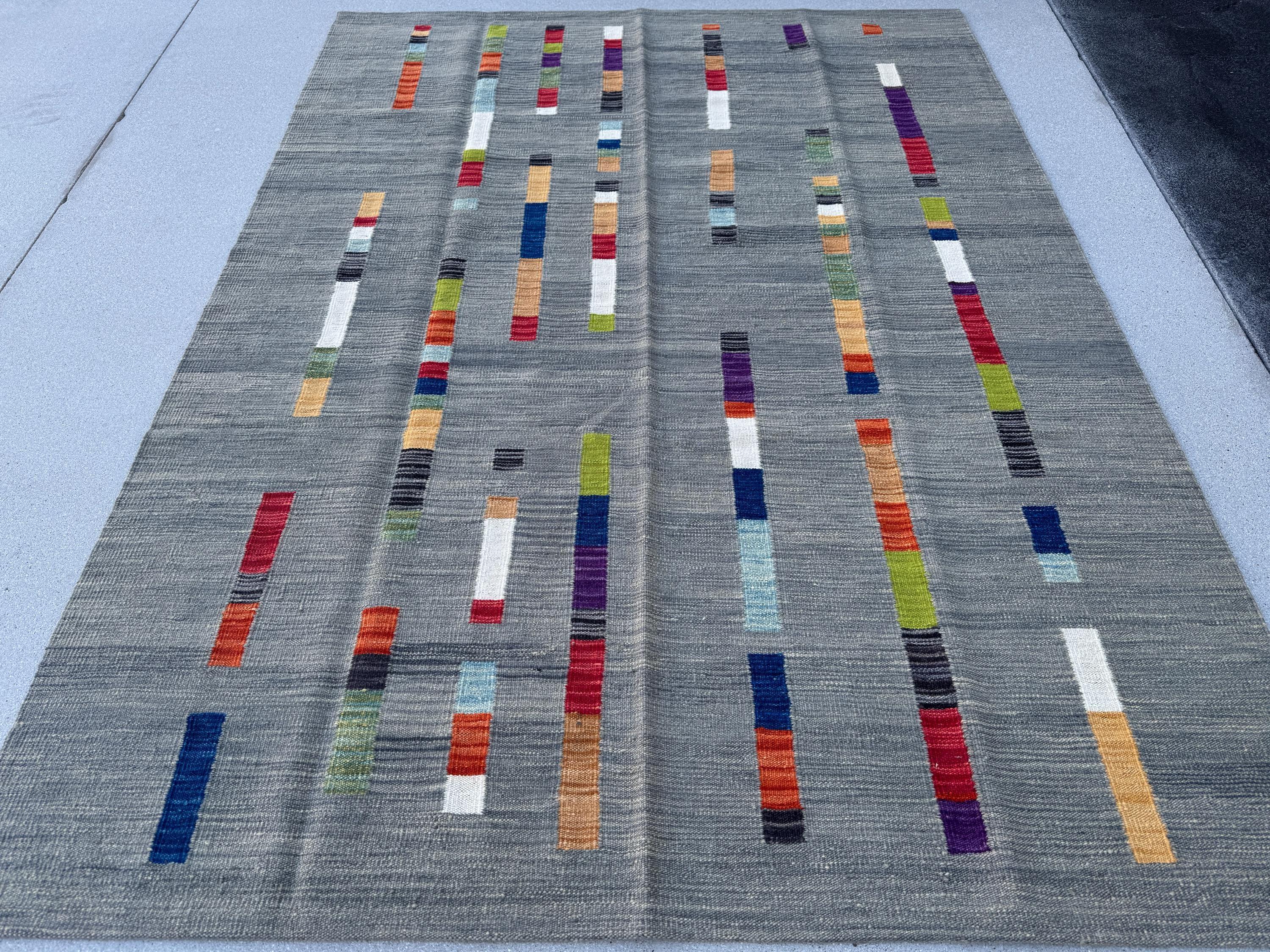 6x8 Handmade Afghan Kilim Rug | Grey Gray Black Red Orange Peach Saffron Denim Prussian Navy Blue Moss Green Teal White Cream Purple | Wool