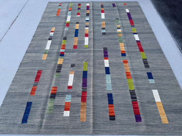 6x8 Handmade Afghan Kilim Rug | Grey Gray Black Red Orange Peach Saffron Denim Prussian Navy Blue Moss Green Teal White Cream Purple | Wool