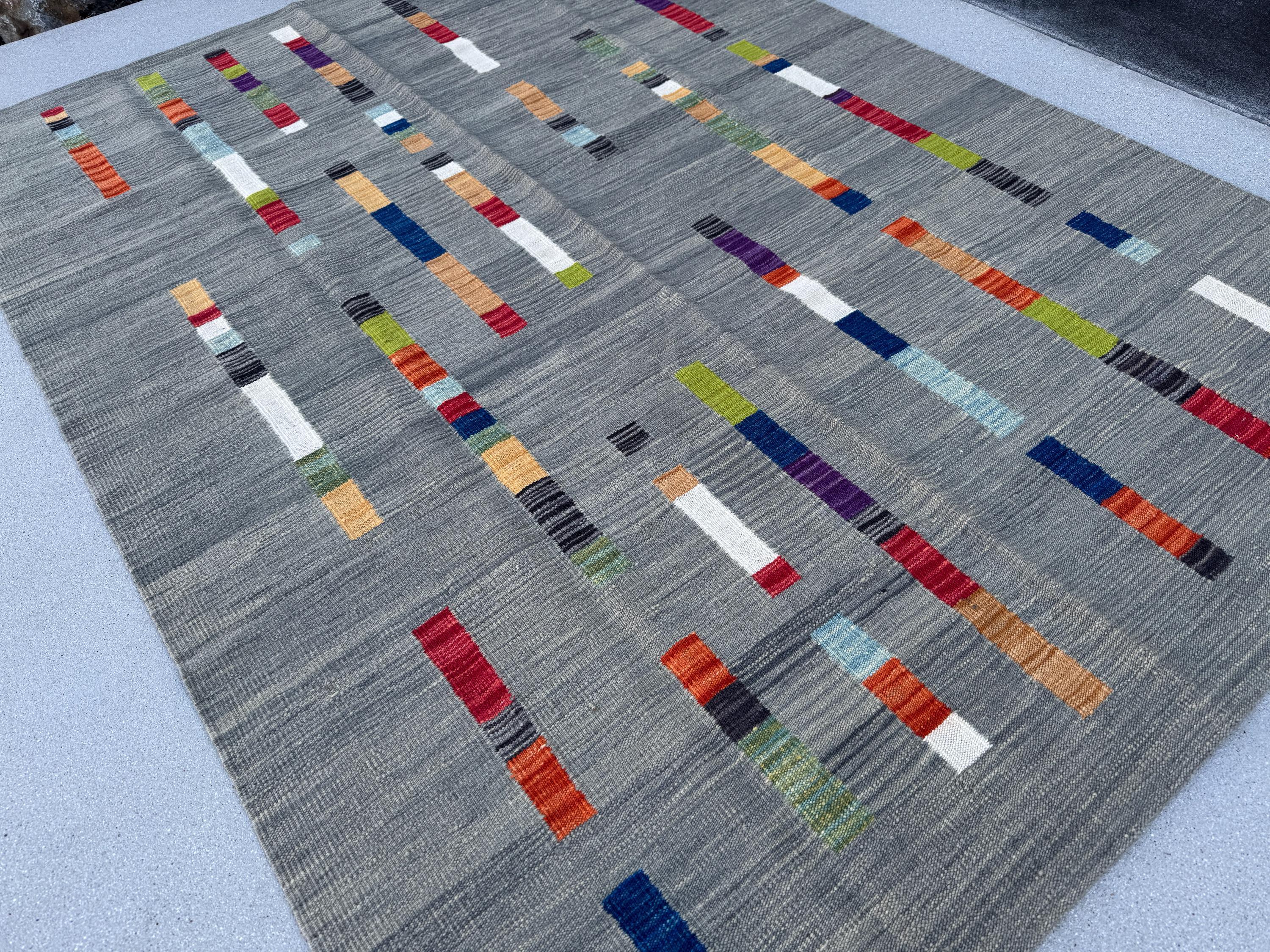 6x8 Handmade Afghan Kilim Rug | Grey Gray Black Red Orange Peach Saffron Denim Prussian Navy Blue Moss Green Teal White Cream Purple | Wool