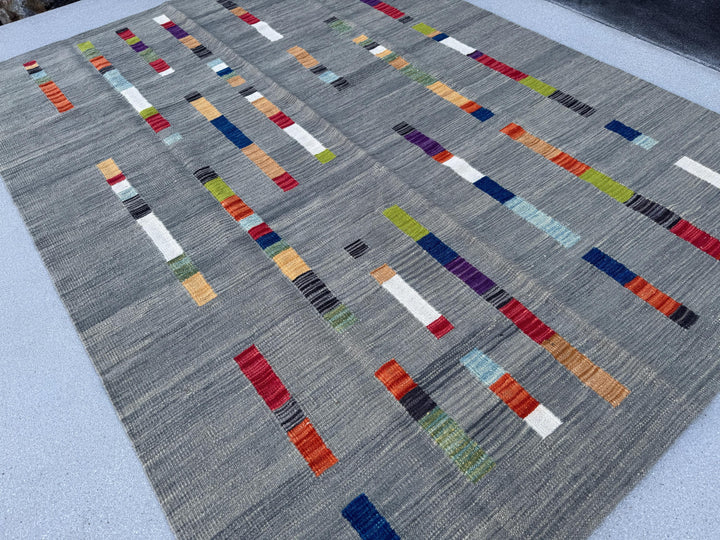 6x8 Handmade Afghan Kilim Rug | Grey Gray Black Red Orange Peach Saffron Denim Prussian Navy Blue Moss Green Teal White Cream Purple | Wool