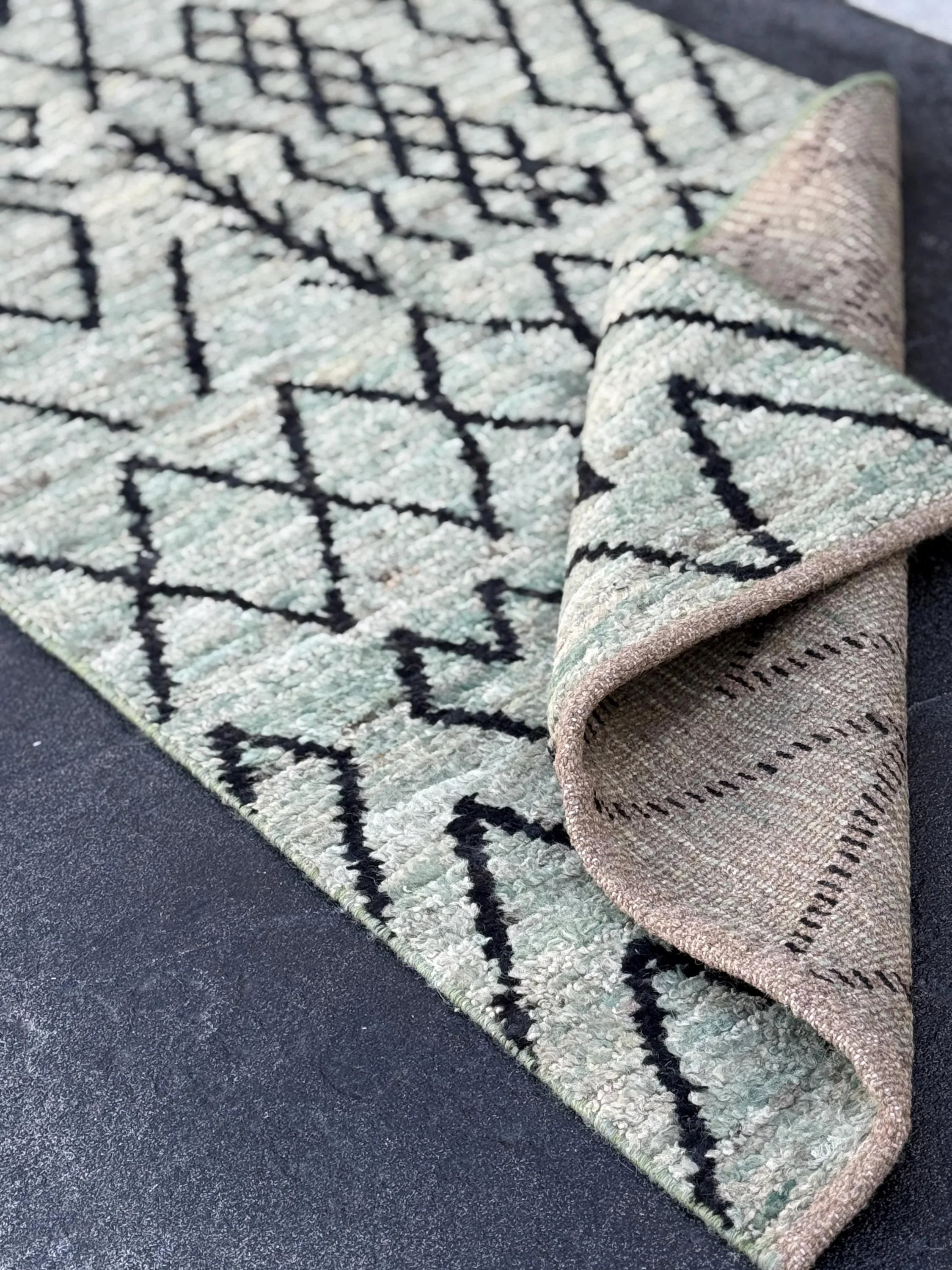 3x13 (91x396) Handmade Afghan Moroccan Rug Runner | Grey Gray Black Cream Sage Green | Wool Plush Shag Handknotted Geometric Contemporary