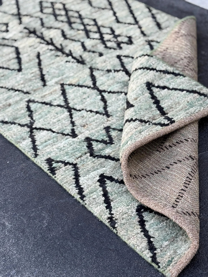 3x13 (91x396) Handmade Afghan Moroccan Rug Runner | Grey Gray Black Cream Sage Green | Wool Plush Shag Handknotted Geometric Contemporary