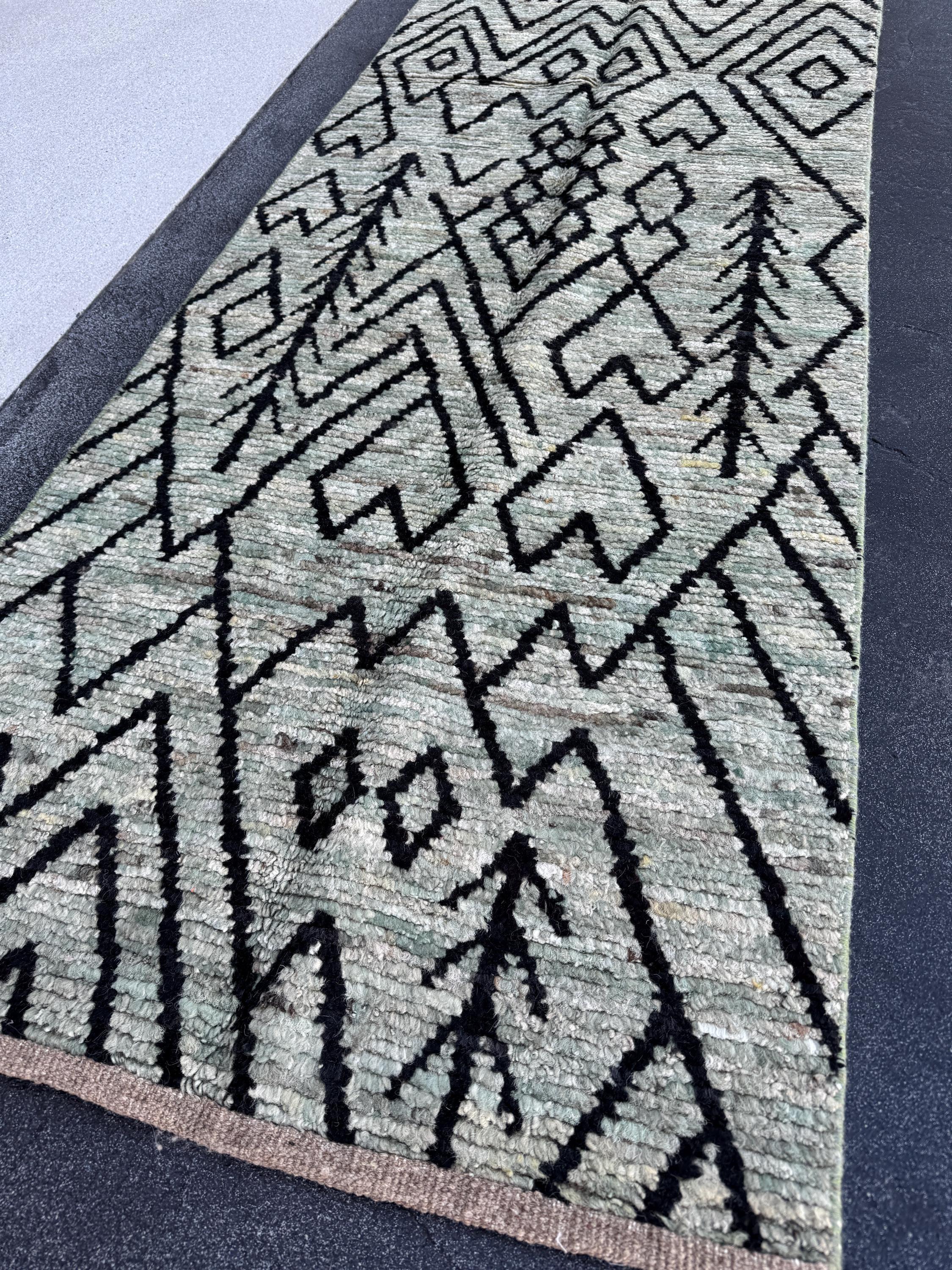3x13 (91x396) Handmade Afghan Moroccan Rug Runner | Grey Gray Black Cream Sage Green | Wool Plush Shag Handknotted Geometric Contemporary