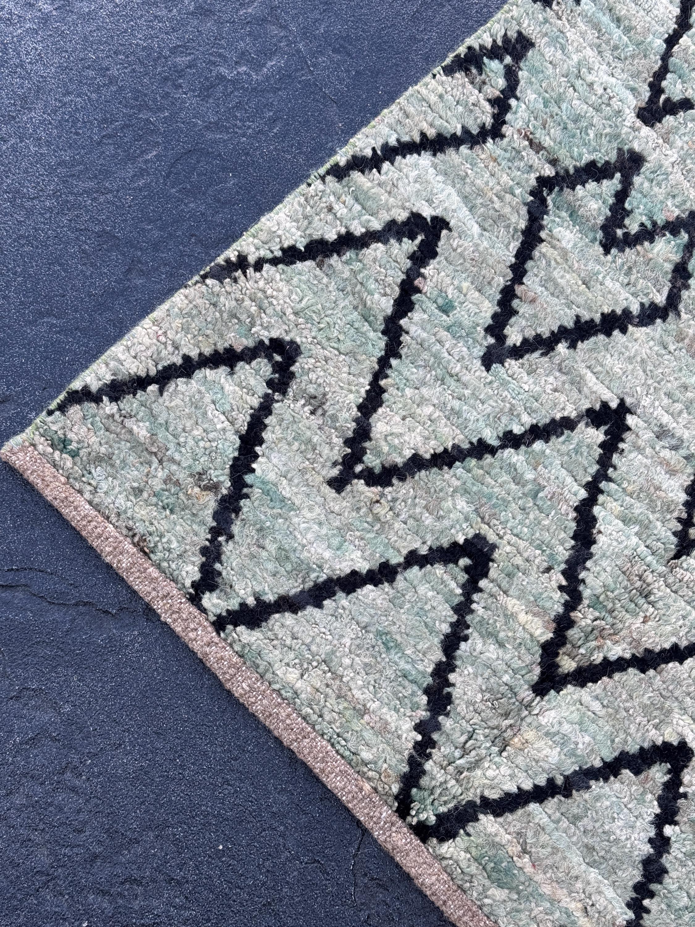 3x13 (91x396) Handmade Afghan Moroccan Rug Runner | Grey Gray Black Cream Sage Green | Wool Plush Shag Handknotted Geometric Contemporary