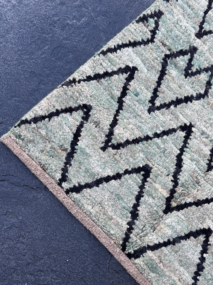 3x13 (91x396) Handmade Afghan Moroccan Rug Runner | Grey Gray Black Cream Sage Green | Wool Plush Shag Handknotted Geometric Contemporary