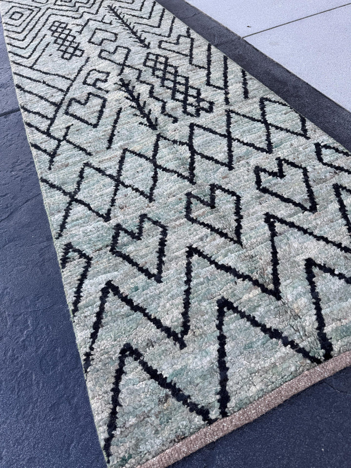 3x13 (91x396) Handmade Afghan Moroccan Rug Runner | Grey Gray Black Cream Sage Green | Wool Plush Shag Handknotted Geometric Contemporary