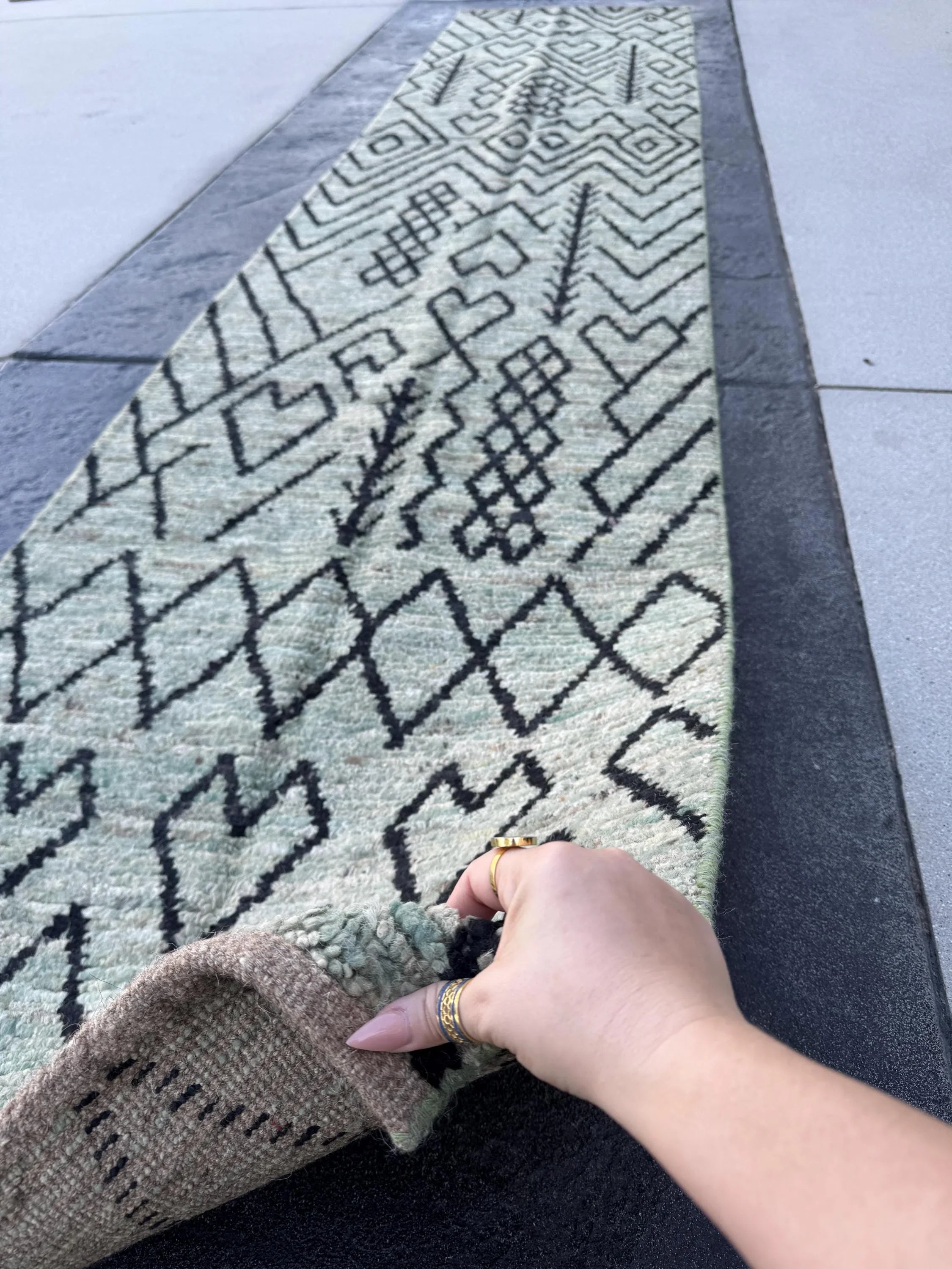 3x13 (91x396) Handmade Afghan Moroccan Rug Runner | Grey Gray Black Cream Sage Green | Wool Plush Shag Handknotted Geometric Contemporary