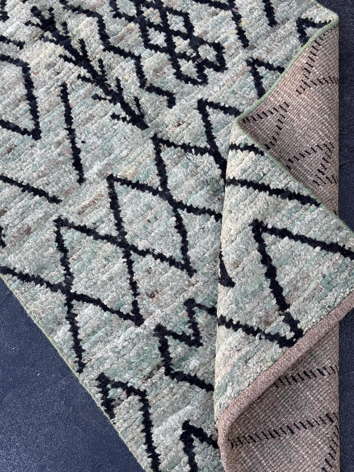 3x13 (91x396) Handmade Afghan Moroccan Rug Runner | Grey Gray Black Cream Sage Green | Wool Plush Shag Handknotted Geometric Contemporary