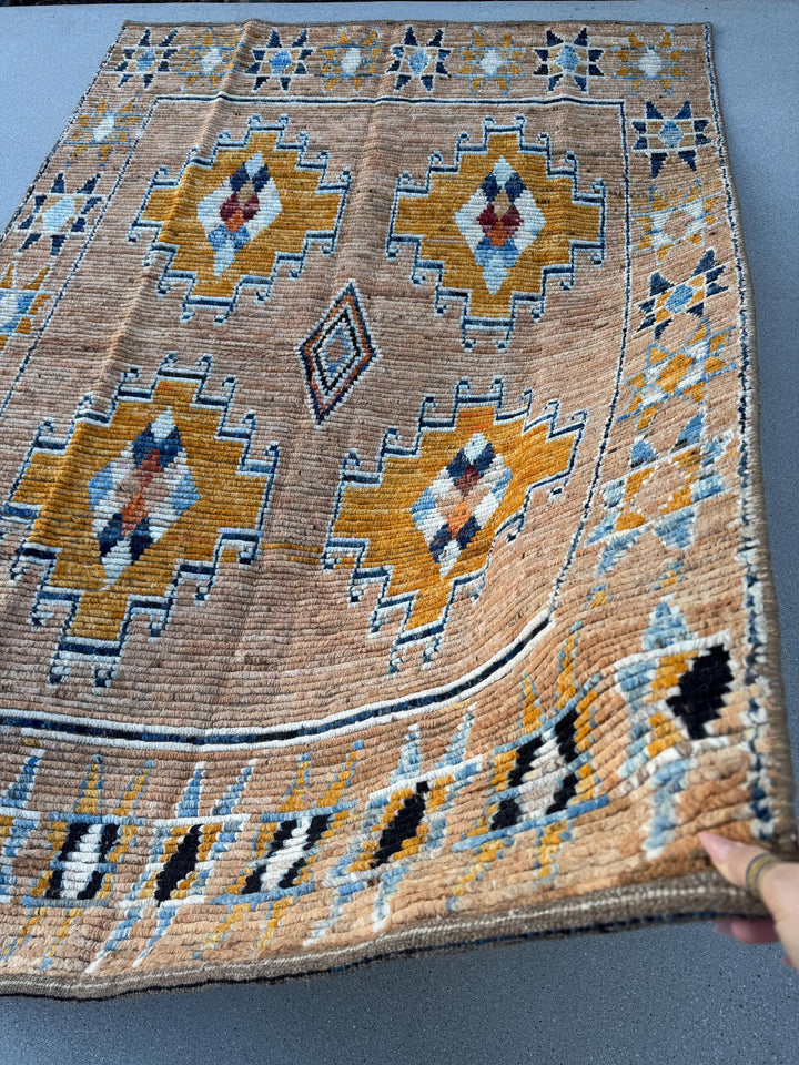 5x8 (152x243) Handmade Afghan Moroccan Rug | Peach Saffron Burnt Orange Denim Midnight Navy Powder Blue White Beige Tan Mustard Yellow Cream