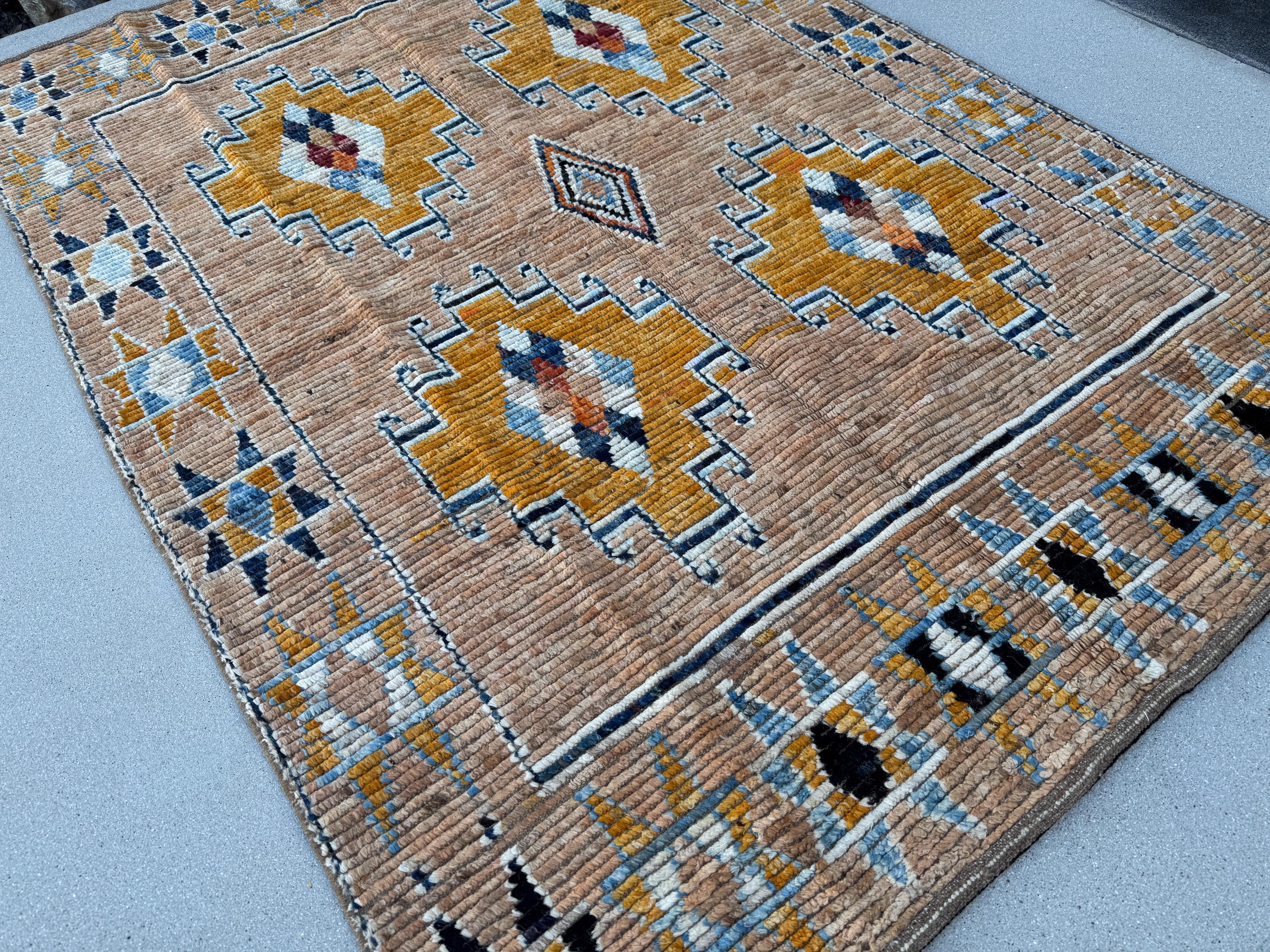 5x8 (152x243) Handmade Afghan Moroccan Rug | Peach Saffron Burnt Orange Denim Midnight Navy Powder Blue White Beige Tan Mustard Yellow Cream