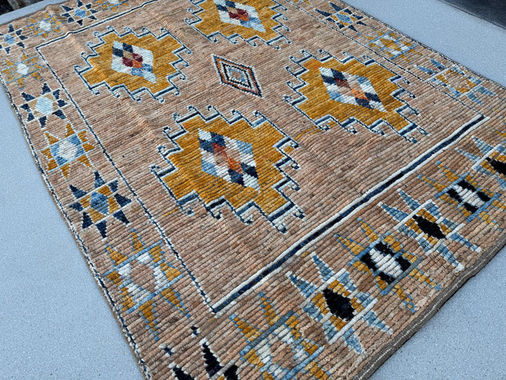 5x8 (152x243) Handmade Afghan Moroccan Rug | Peach Saffron Burnt Orange Denim Midnight Navy Powder Blue White Beige Tan Mustard Yellow Cream