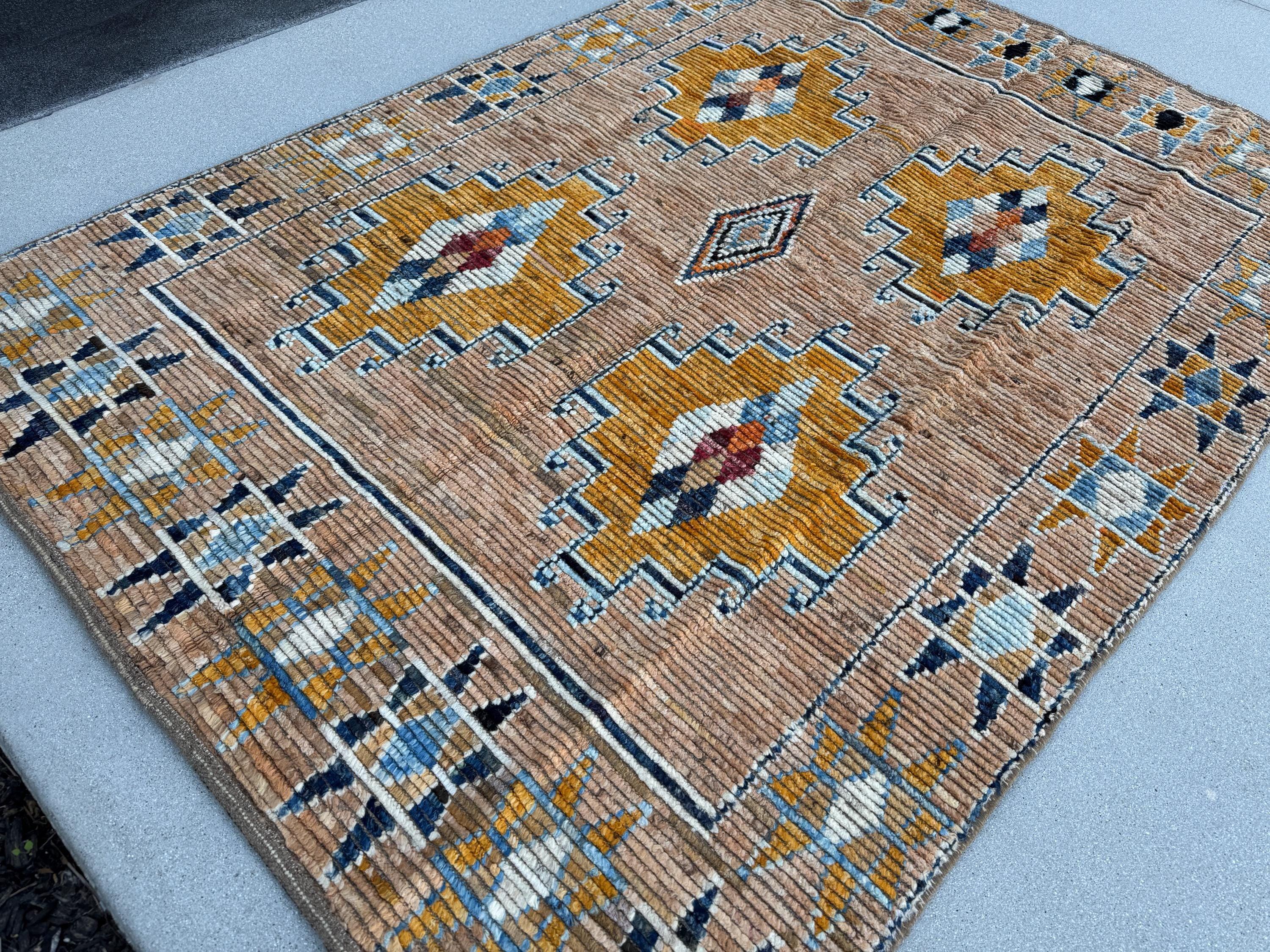 5x8 (152x243) Handmade Afghan Moroccan Rug | Peach Saffron Burnt Orange Denim Midnight Navy Powder Blue White Beige Tan Mustard Yellow Cream