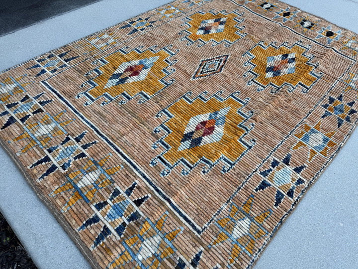 5x8 (152x243) Handmade Afghan Moroccan Rug | Peach Saffron Burnt Orange Denim Midnight Navy Powder Blue White Beige Tan Mustard Yellow Cream