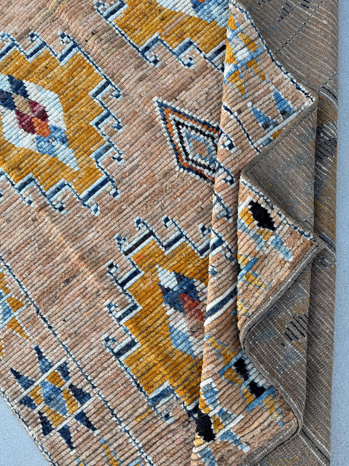 5x8 (152x243) Handmade Afghan Moroccan Rug | Peach Saffron Burnt Orange Denim Midnight Navy Powder Blue White Beige Tan Mustard Yellow Cream