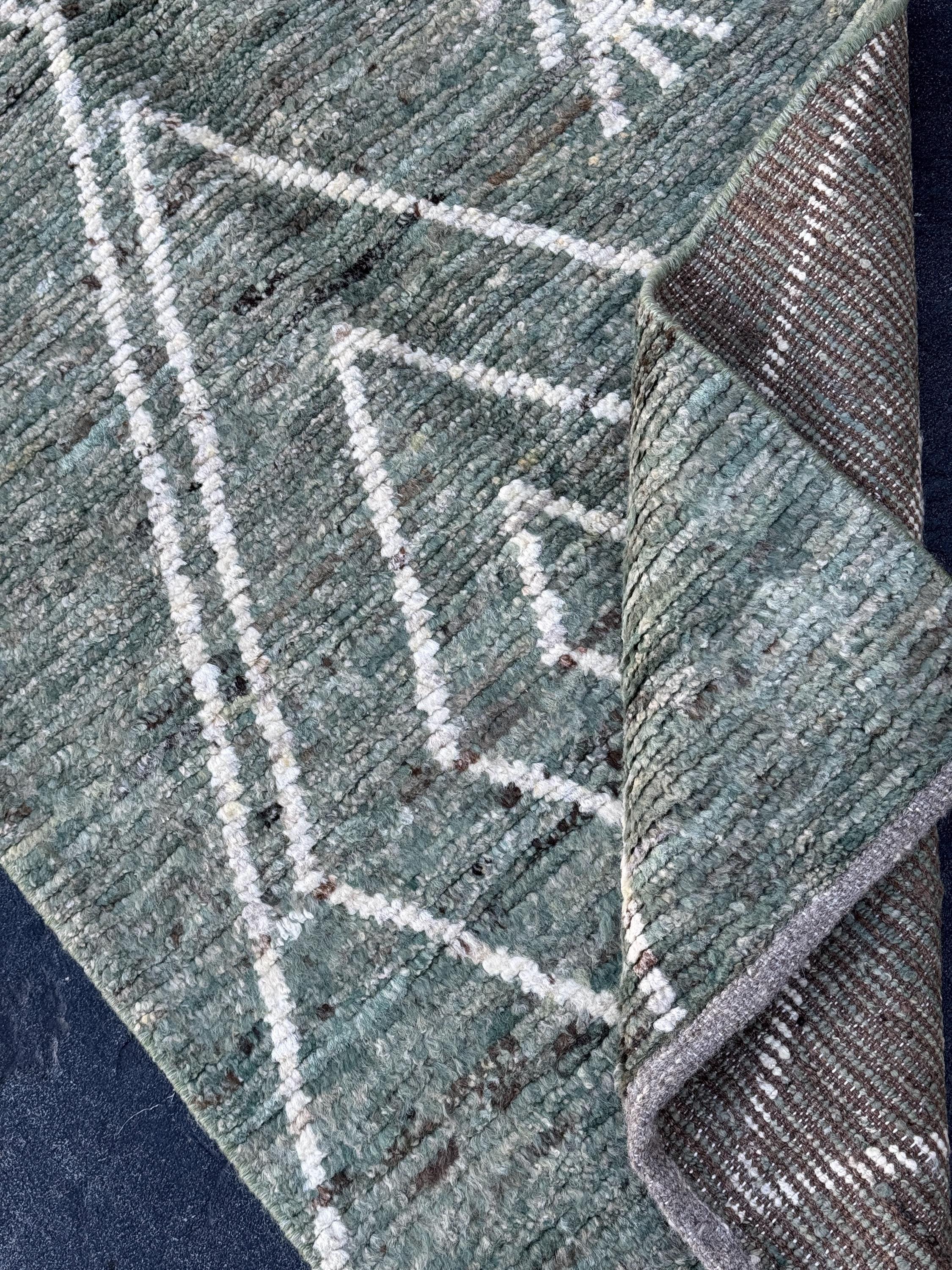 3x13 (91x396) Handmade Afghan Moroccan Rug Runner | Sage Green White Cream | Wool Minimalist Plush Shag Geometric Modern Contemporary