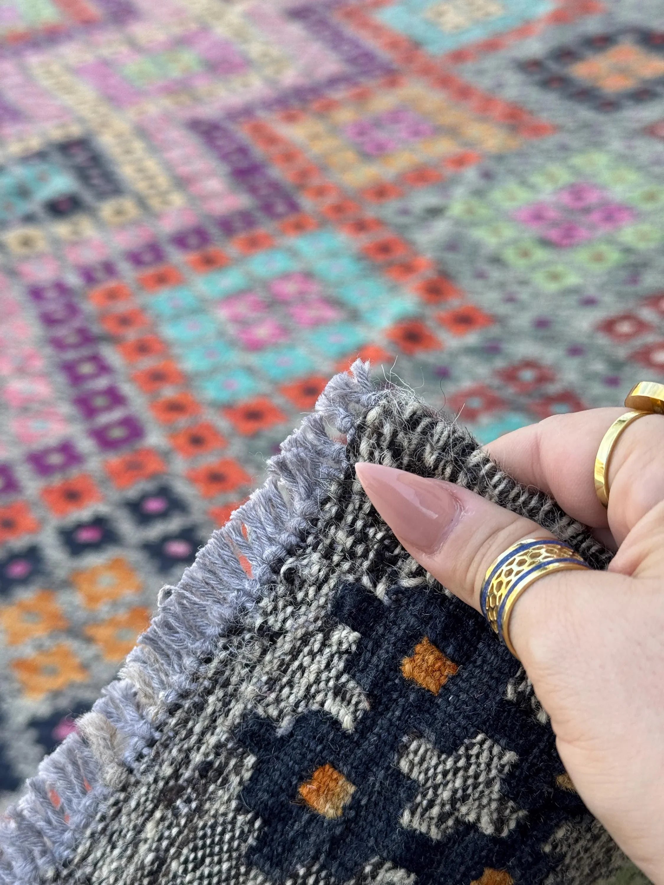 7x10 Handmade Afghan Kilim Rug | Grey Rose Blush Pink Magenta Purple Orange Peach Saffron Aqua Midnight Navy Blue Maroon Mint Green White