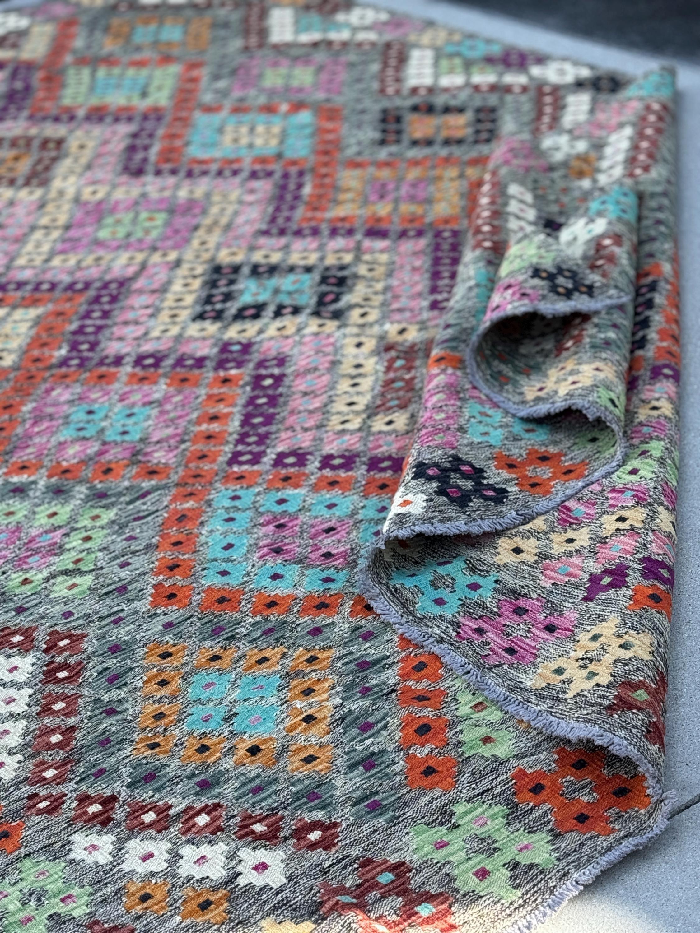 7x10 Handmade Afghan Kilim Rug | Grey Rose Blush Pink Magenta Purple Orange Peach Saffron Aqua Midnight Navy Blue Maroon Mint Green White