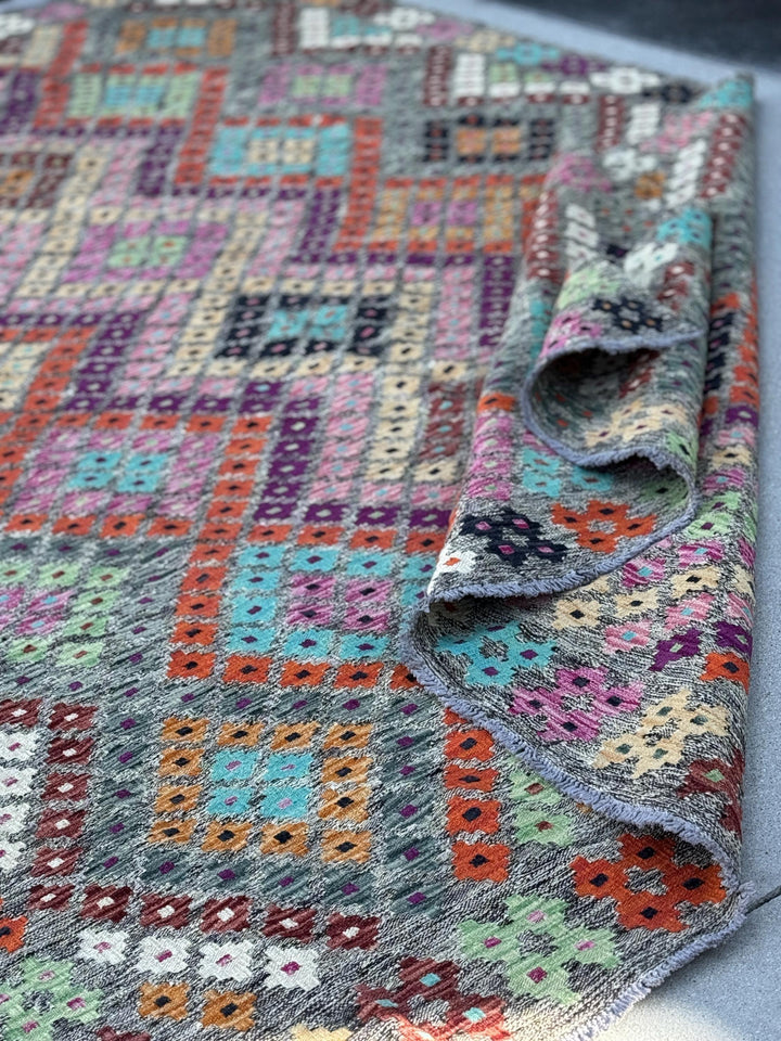 7x10 Handmade Afghan Kilim Rug | Grey Rose Blush Pink Magenta Purple Orange Peach Saffron Aqua Midnight Navy Blue Maroon Mint Green White