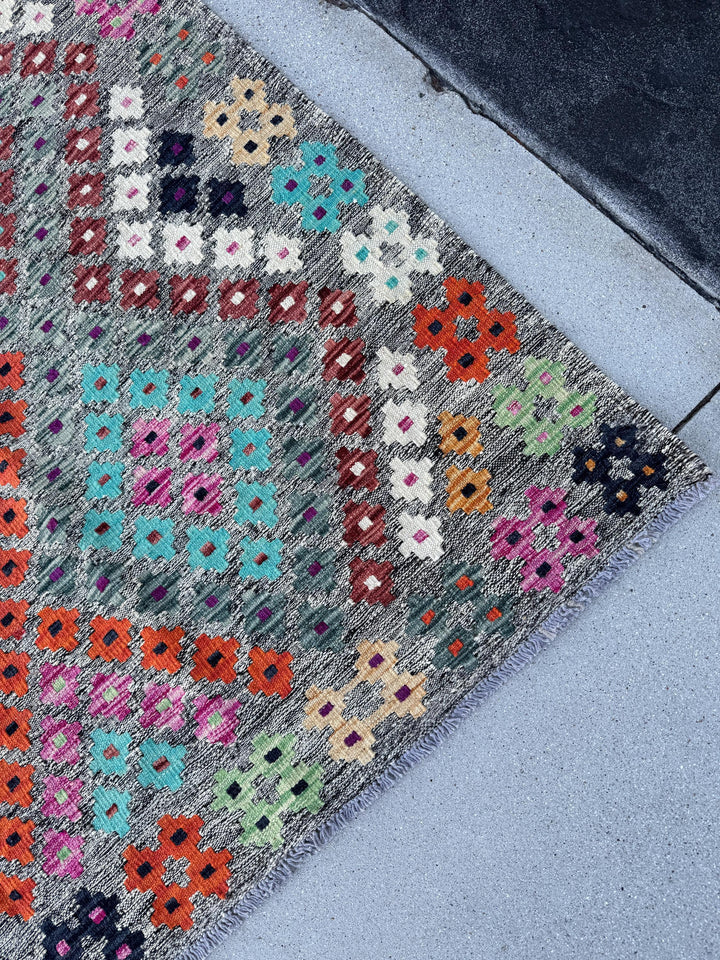 7x10 Handmade Afghan Kilim Rug | Grey Rose Blush Pink Magenta Purple Orange Peach Saffron Aqua Midnight Navy Blue Maroon Mint Green White