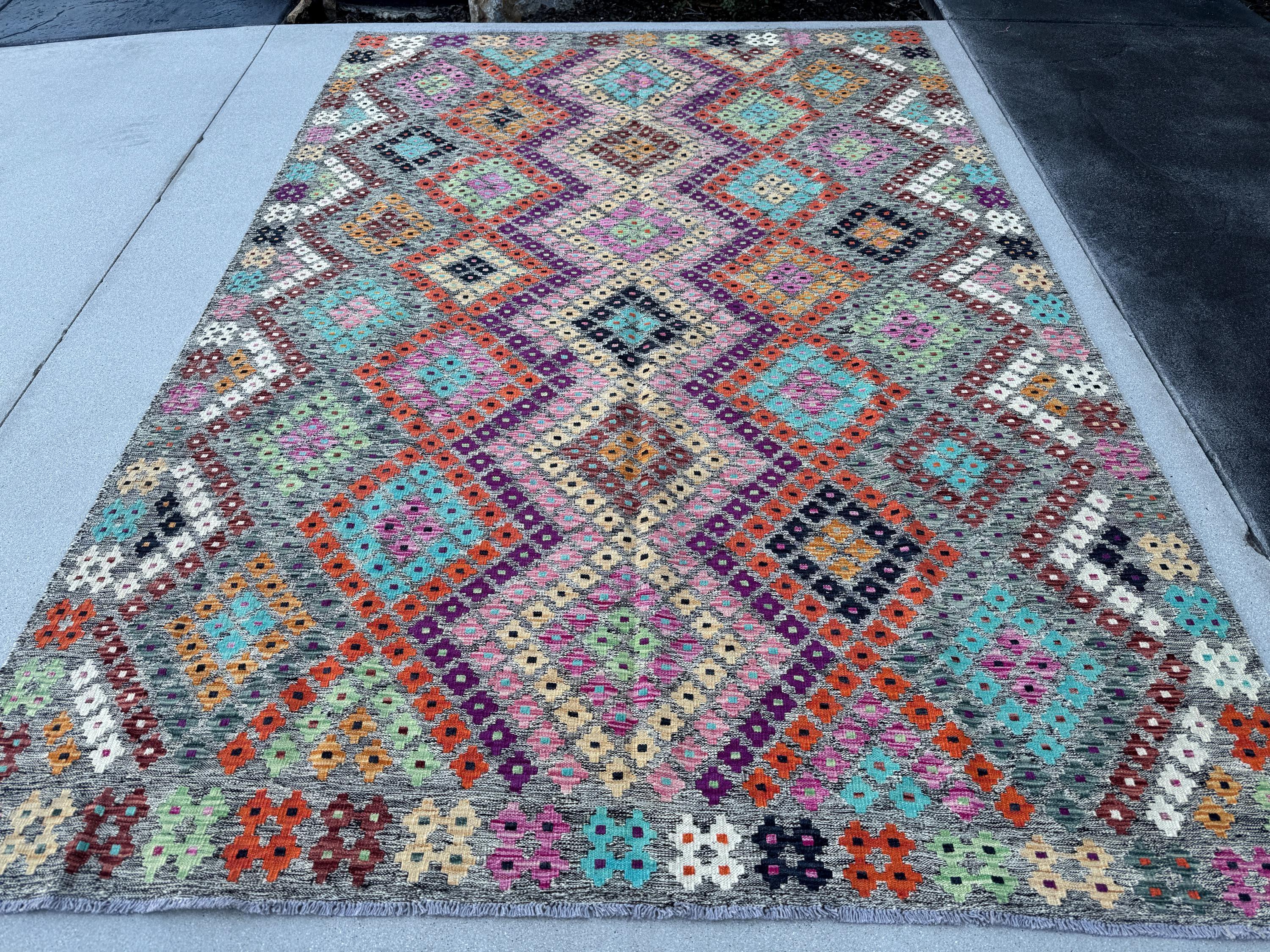 7x10 Handmade Afghan Kilim Rug | Grey Rose Blush Pink Magenta Purple Orange Peach Saffron Aqua Midnight Navy Blue Maroon Mint Green White