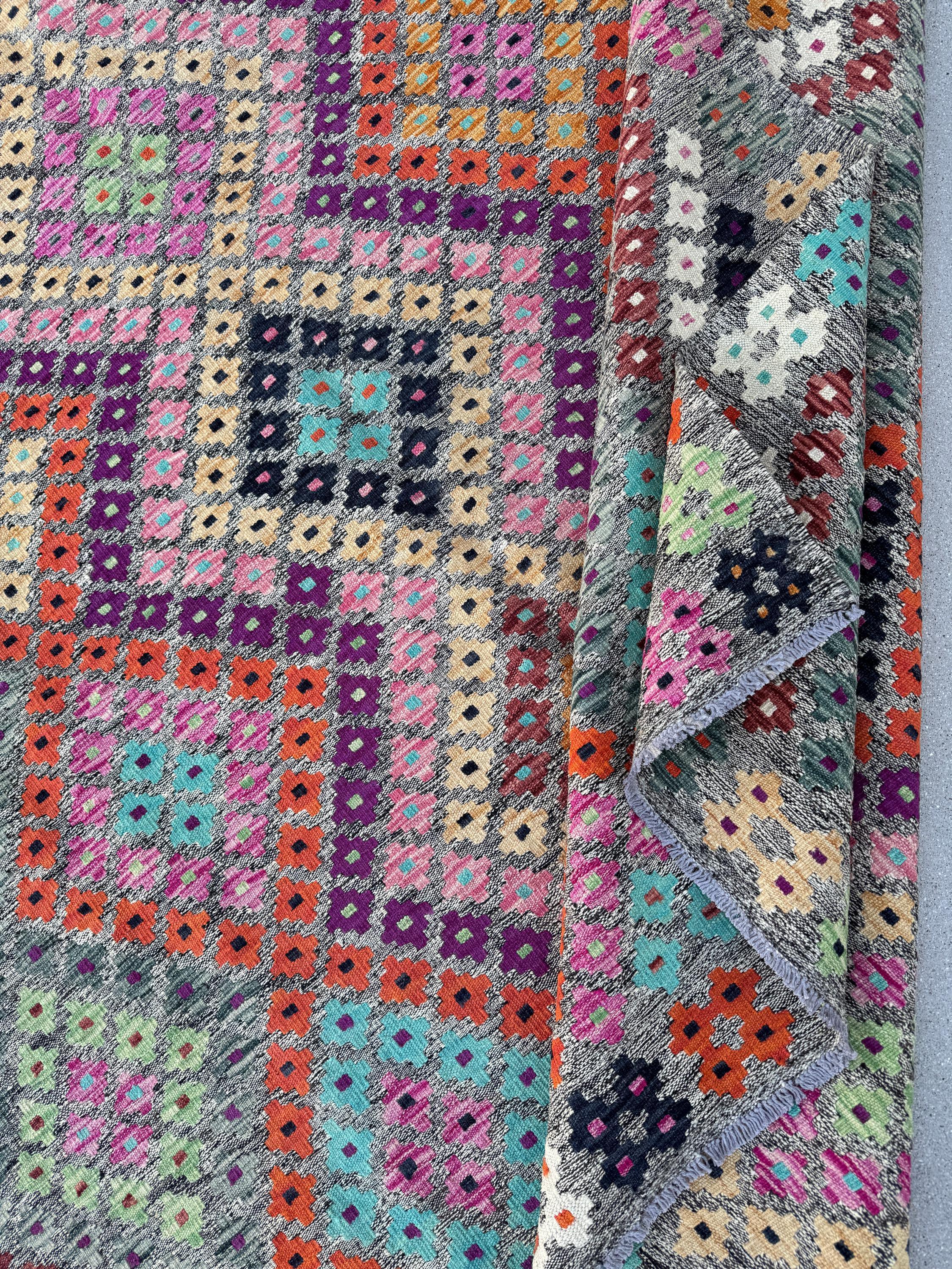 7x10 Handmade Afghan Kilim Rug | Grey Rose Blush Pink Magenta Purple Orange Peach Saffron Aqua Midnight Navy Blue Maroon Mint Green White