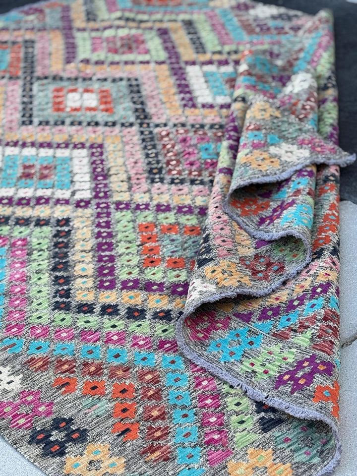 7x10 (213x304) Handmade Afghan Kilim Rug | Grey Black Orange Peach Saffron Mint Green Blush Fuchsia Pink Maroon Purple Cream White | Wool
