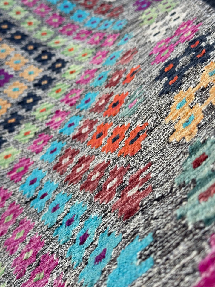 7x10 (213x304) Handmade Afghan Kilim Rug | Grey Black Orange Peach Saffron Mint Green Blush Fuchsia Pink Maroon Purple Cream White | Wool