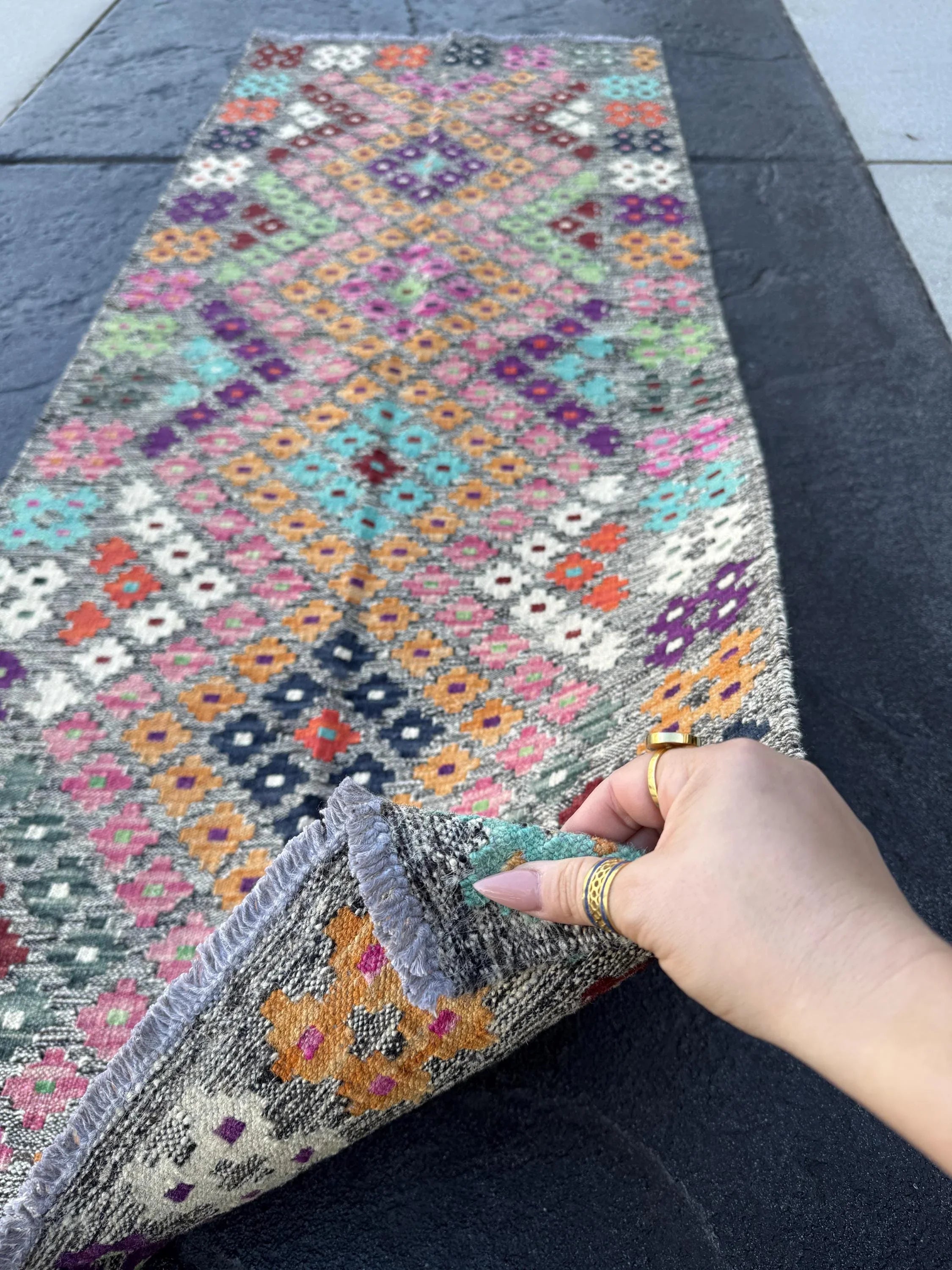 2x6 (60x182) Handmade Afghan Kilim Runner Rug | Grey Blush Fuchsia Pink Aqua Midnight Blue Mint Green White Orange Peach Maroon Burgundy