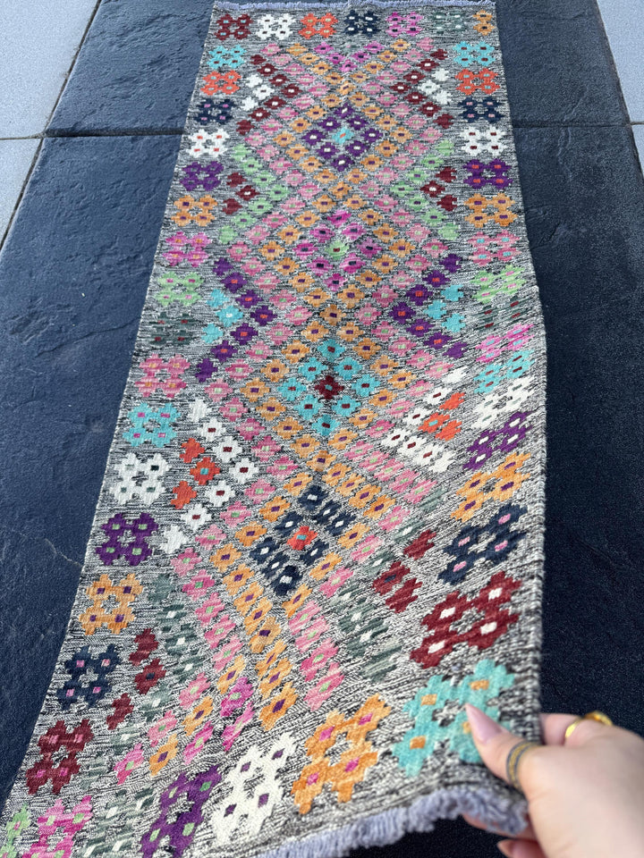 2x6 (60x182) Handmade Afghan Kilim Runner Rug | Grey Blush Fuchsia Pink Aqua Midnight Blue Mint Green White Orange Peach Maroon Burgundy