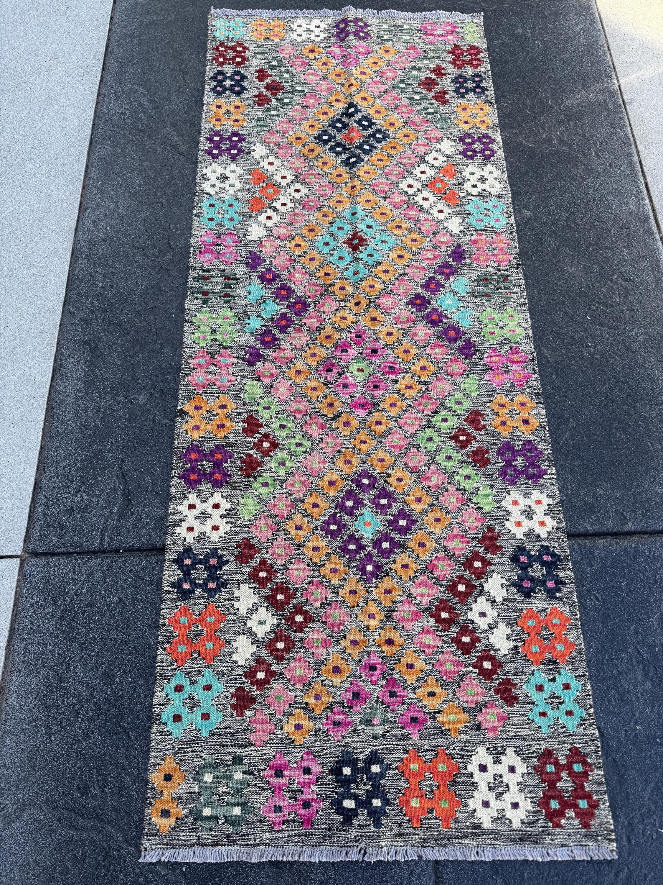 2x6 (60x182) Handmade Afghan Kilim Runner Rug | Grey Blush Fuchsia Pink Aqua Midnight Blue Mint Green White Orange Peach Maroon Burgundy
