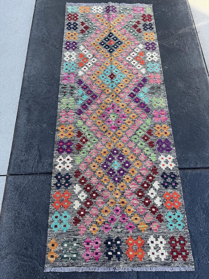 2x6 (60x182) Handmade Afghan Kilim Runner Rug | Grey Blush Fuchsia Pink Aqua Midnight Blue Mint Green White Orange Peach Maroon Burgundy