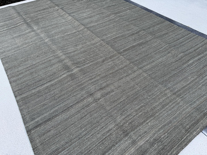7x10 (213x304) Handmade Afghan Kilim Rug | Grey Gray Slate Stone Cream | Wool Flatweave Solid Minimalist Contemporary Modern Reversible