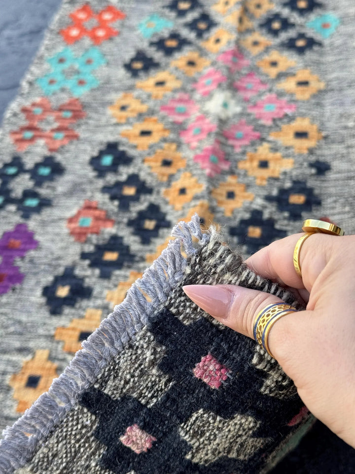 2x6-7 Handmade Afghan Kilim Runner Rug | Grey Black Midnight Aqua Blue Cream Blush Pink Saffron Orange Purple Rust Brick Red Maroon Purple