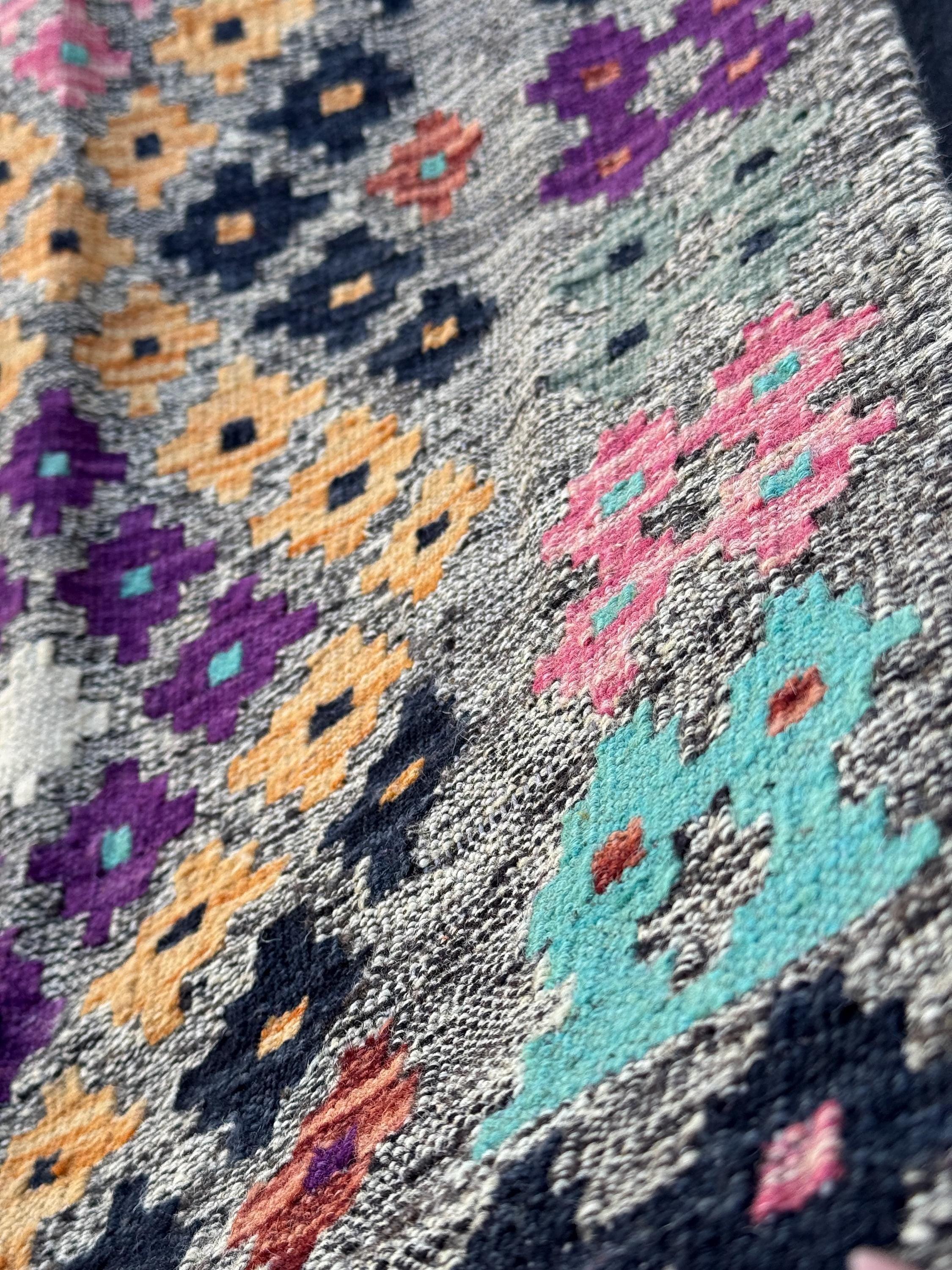 2x6-7 Handmade Afghan Kilim Runner Rug | Grey Black Midnight Aqua Blue Cream Blush Pink Saffron Orange Purple Rust Brick Red Maroon Purple