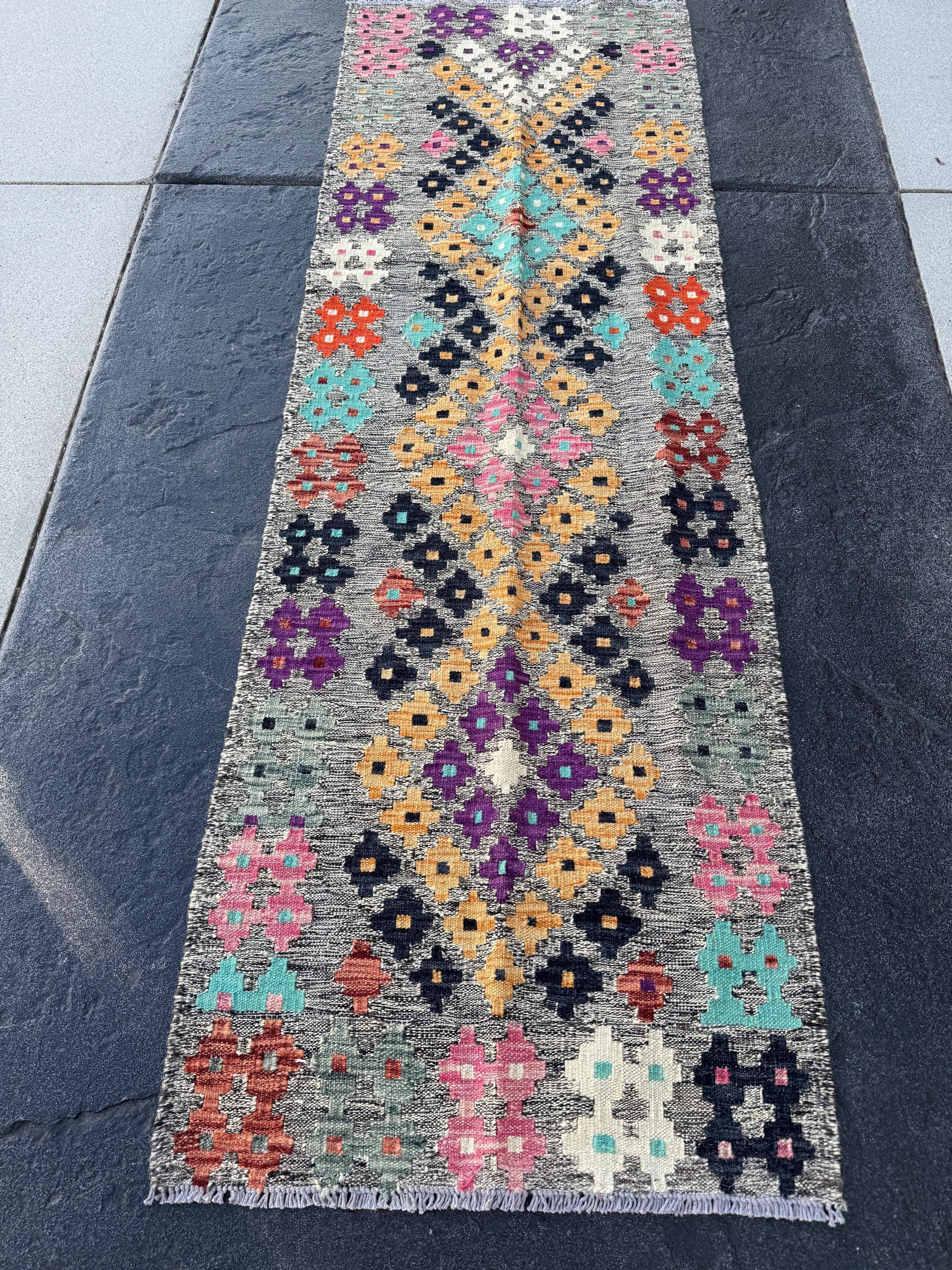 2x6-7 Handmade Afghan Kilim Runner Rug | Grey Black Midnight Aqua Blue Cream Blush Pink Saffron Orange Purple Rust Brick Red Maroon Purple