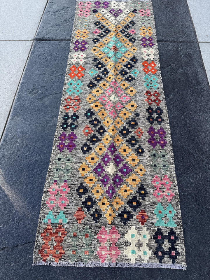 2x6-7 Handmade Afghan Kilim Runner Rug | Grey Black Midnight Aqua Blue Cream Blush Pink Saffron Orange Purple Rust Brick Red Maroon Purple