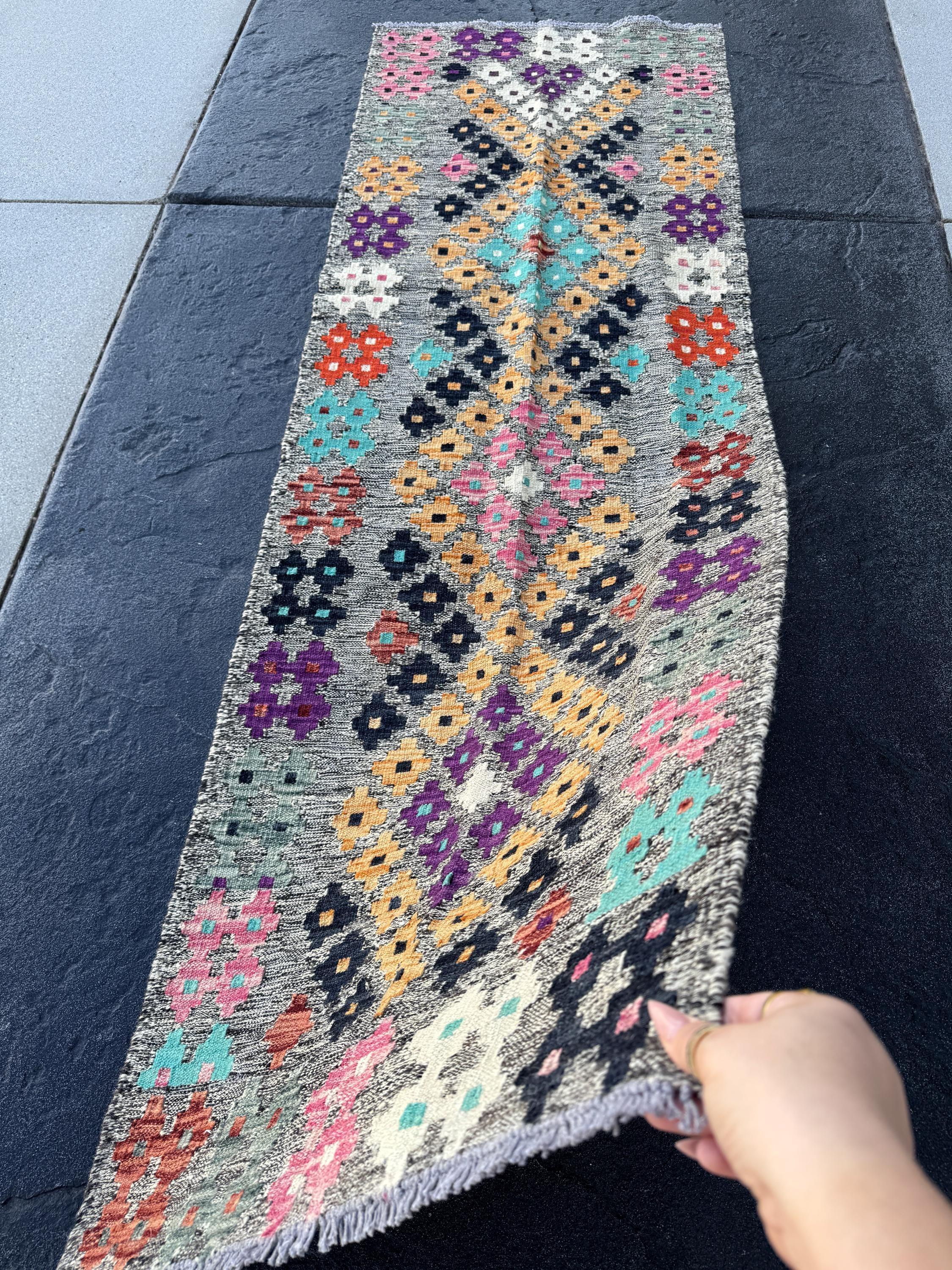 2x6-7 Handmade Afghan Kilim Runner Rug | Grey Black Midnight Aqua Blue Cream Blush Pink Saffron Orange Purple Rust Brick Red Maroon Purple