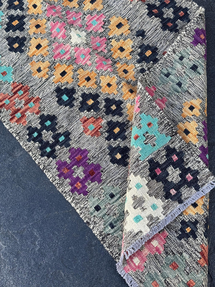 2x6-7 Handmade Afghan Kilim Runner Rug | Grey Black Midnight Aqua Blue Cream Blush Pink Saffron Orange Purple Rust Brick Red Maroon Purple