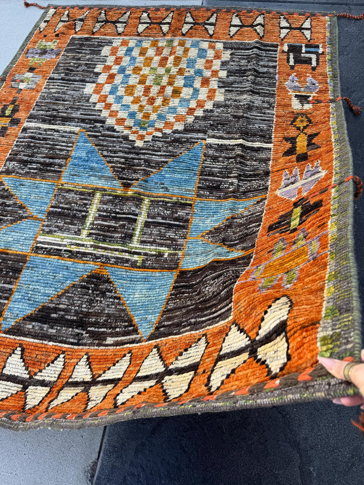 6x7 (182x228) Handmade Afghan Moroccan Rug | Burnt Orange Cream White Black Grey Denim Blue Lilac Lavender Moss Green | Wool Plush Geometric