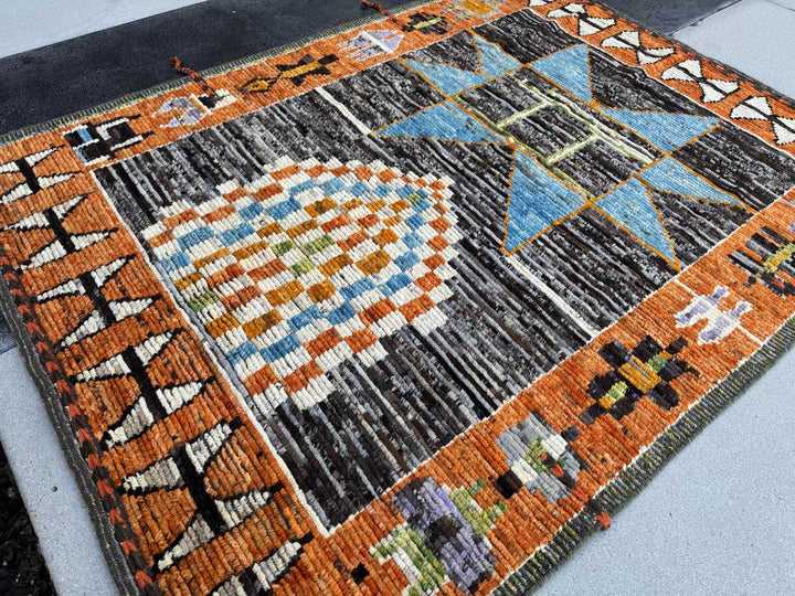 6x7 (182x228) Handmade Afghan Moroccan Rug | Burnt Orange Cream White Black Grey Denim Blue Lilac Lavender Moss Green | Wool Plush Geometric