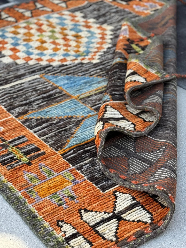 6x7 (182x228) Handmade Afghan Moroccan Rug | Burnt Orange Cream White Black Grey Denim Blue Lilac Lavender Moss Green | Wool Plush Geometric