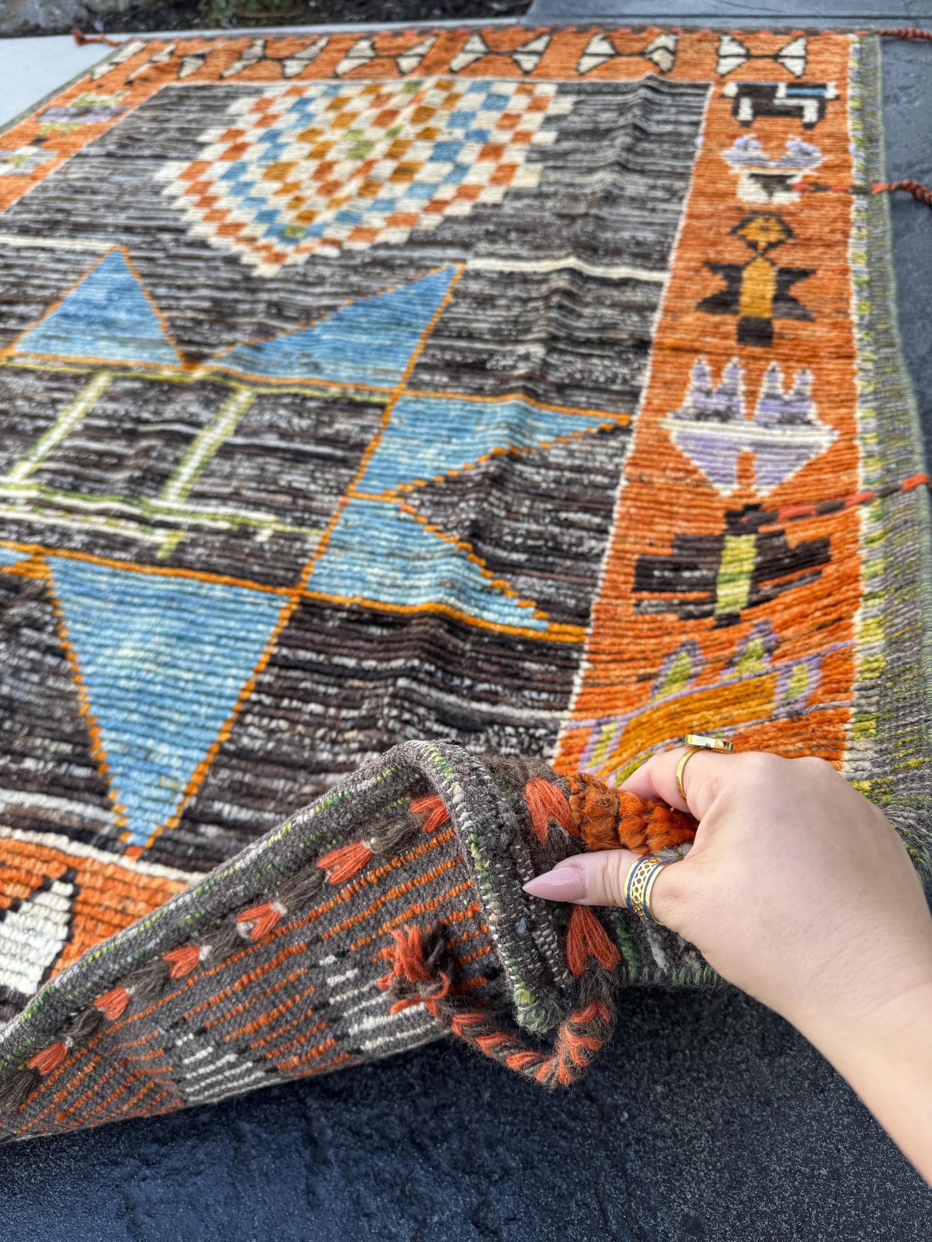 6x7 (182x228) Handmade Afghan Moroccan Rug | Burnt Orange Cream White Black Grey Denim Blue Lilac Lavender Moss Green | Wool Plush Geometric