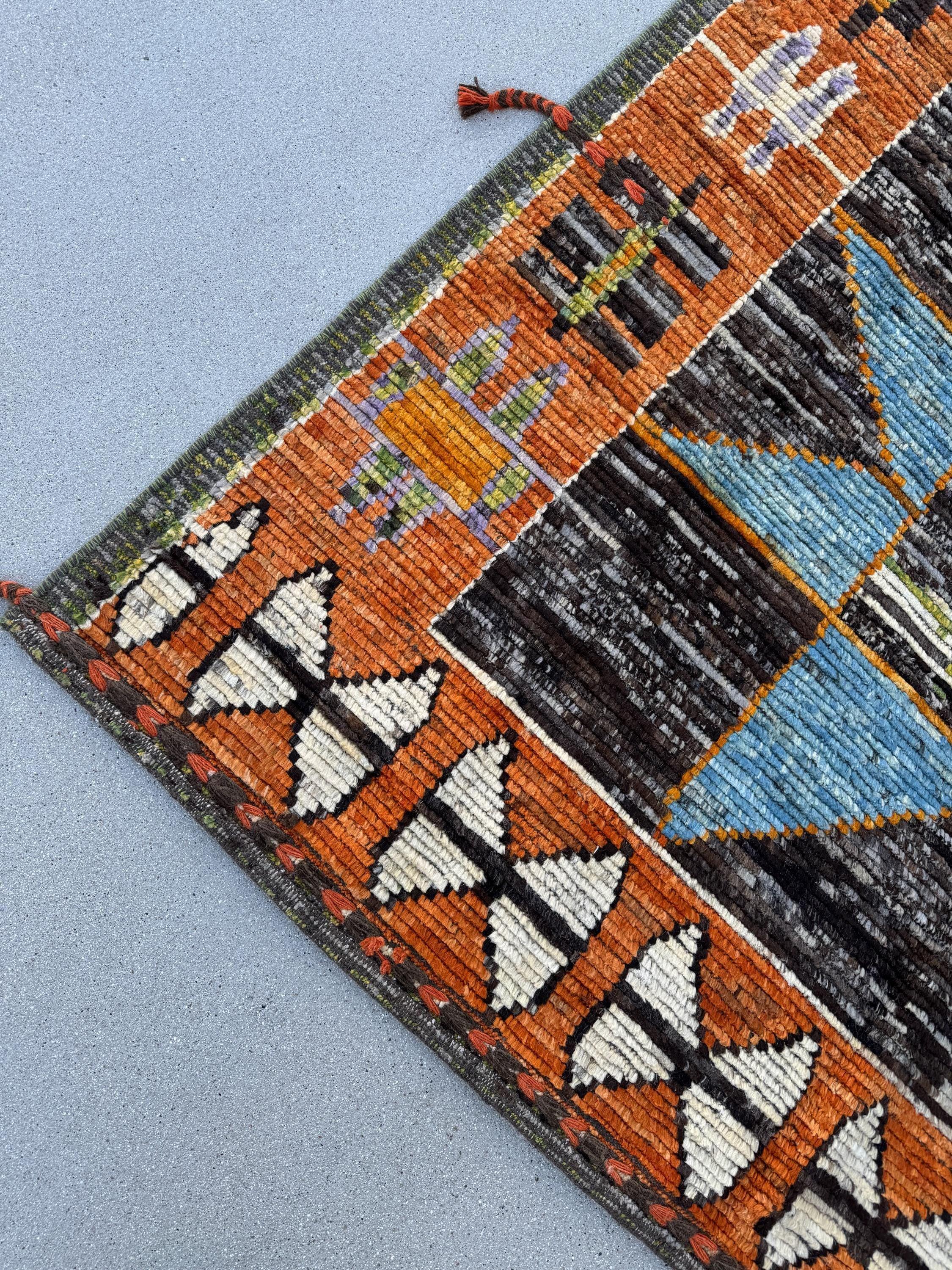 6x7 (182x228) Handmade Afghan Moroccan Rug | Burnt Orange Cream White Black Grey Denim Blue Lilac Lavender Moss Green | Wool Plush Geometric