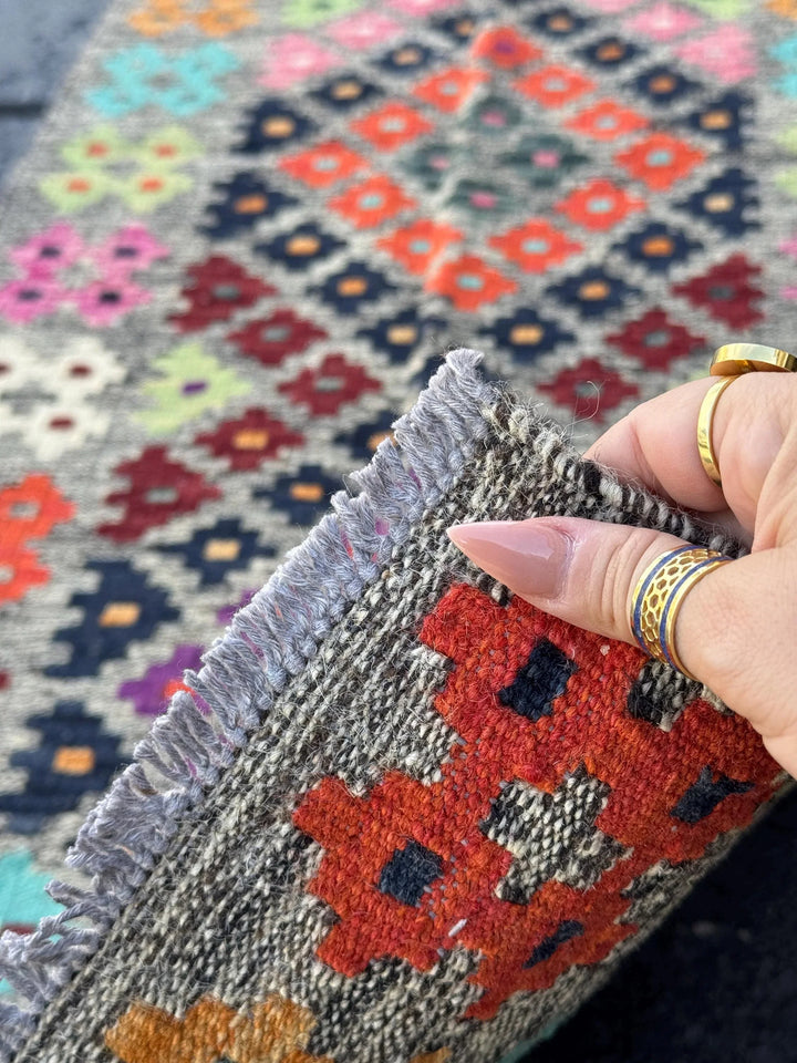 2x6 (60x182) Handmade Afghan Kilim Runner Rug | Grey Black Aqua Prussian Blue Mint Green Wine Red Orange Peach Purple White Cream Pink Wool