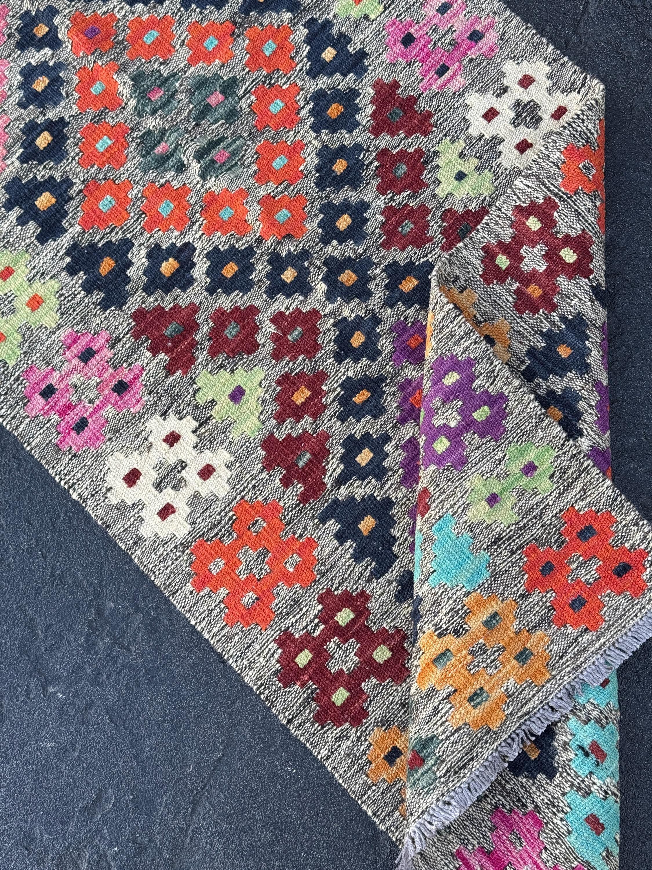 2x6 (60x182) Handmade Afghan Kilim Runner Rug | Grey Black Aqua Prussian Blue Mint Green Wine Red Orange Peach Purple White Cream Pink Wool